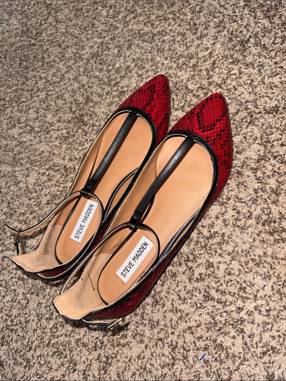 Steve Madden Red Snake-Print Pointed Slingback Flats with Black Trim